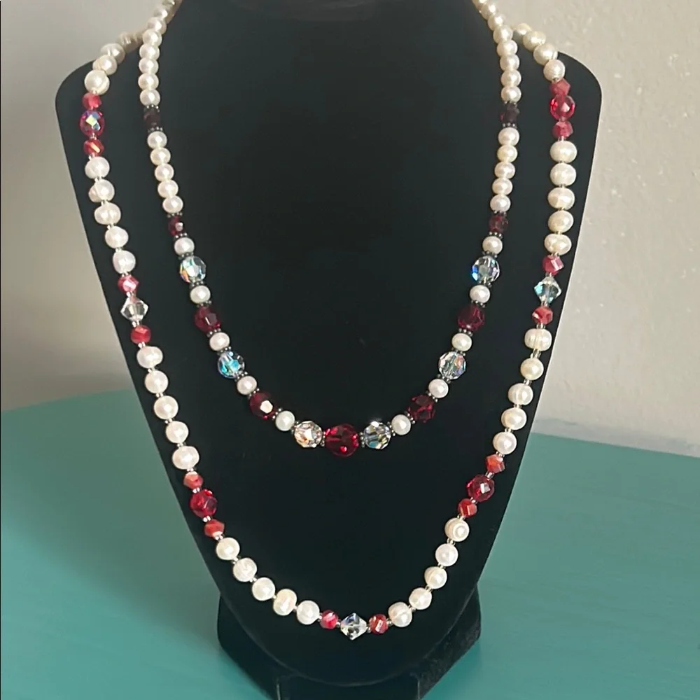 Hand Crafted Classic White Freshwater Pearl and Red Faceted Beaded Necklace Set